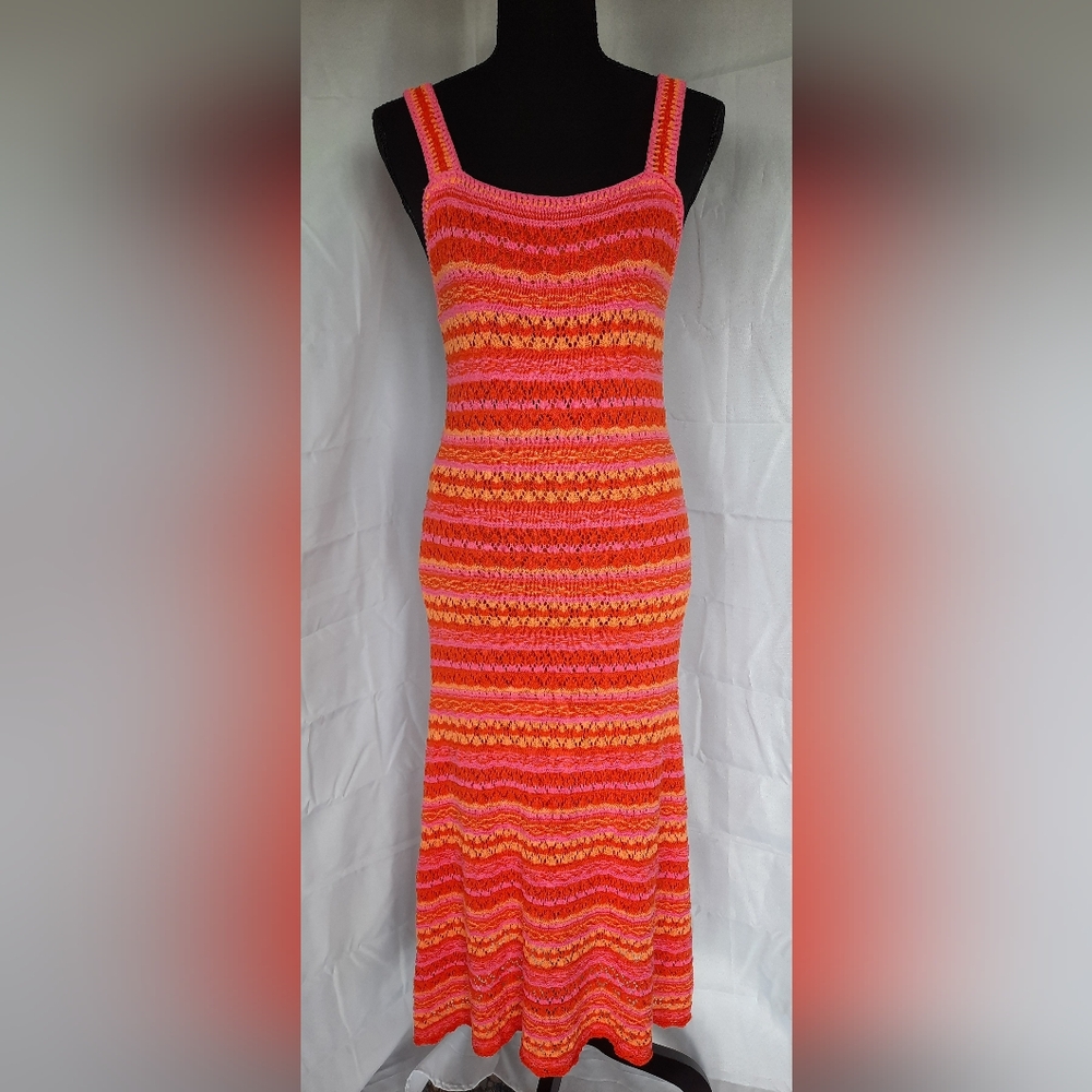 NWT Jessica Simpson Crochet Maxi Dress Size Med Orange Pink Open Knit Boho - Picture 2 of 15